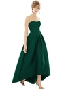 ALFRED SUNG ALFRED SUNG STRAPLESS SATIN HIGH LOW DRESS WITH POCKETS