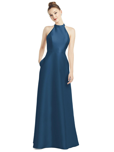 Alfred Sung High-neck Cutout Satin Dress With Pockets In Blue