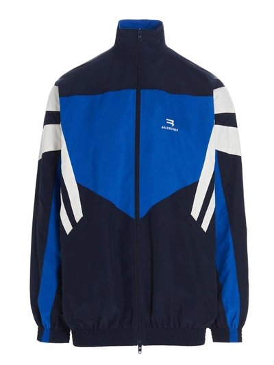 Balenciaga Logo-embroidered Longline Panelled-shell Jacket In Blue