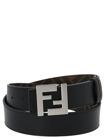 Fendi Leather And Ff Fabric Reversible Belt In Black,grey