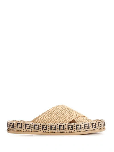 Fendi Straw Woven Flat Sandals In Beige