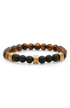 HMY JEWELRY 18K GOLD PLATE TIGER'S EYE & BLACK LAVA BEAD BRACELET,840344186400