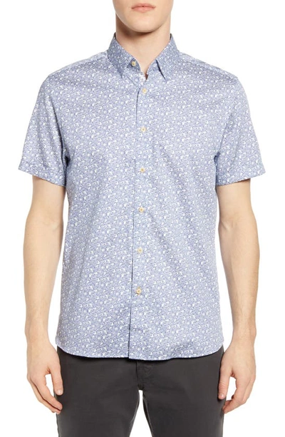 Ted Baker Mybow Leaf Print Short Sleeve Button-up Shirt In Blue