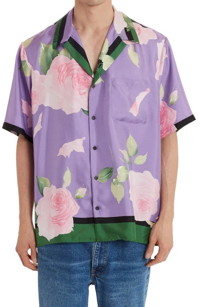 Valentino Purple Silk Flying Flowers Bowling Short Sleeve Shirt
