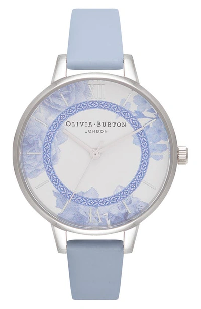 Olivia Burton Tea Party Leather Strap Watch, 34mm In Blue/ White