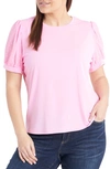 Cece Puff Sleeve Mixed Media Top In Pink Begonia