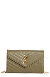 Saint Laurent Large Monogram Quilted Leather Wallet On A Chain In Vert Kaki