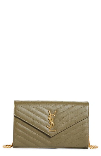Saint Laurent Large Monogram Quilted Leather Wallet On A Chain In Vert Kaki