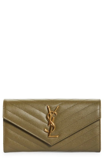 Saint Laurent Monogramme Logo Leather Flap Wallet In Vert Kaki