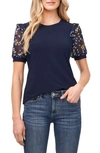Cece Scattered Ditsy Puff Sleeve Mixed Media Top In Navy J
