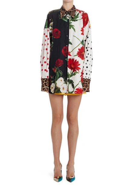 Dolce & Gabbana Patchwork Printed Cotton Poplin Shirt In Black,white,red