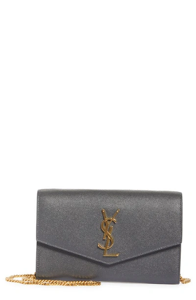 Saint Laurent Uptown Pebbled Calfskin Leather Wallet On A Chain In Storm