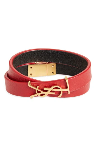 Saint Laurent Double-wrap Ysl Leather Bracelet In Red