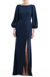 Dessy Collection Bishop Sleeve Open-back Trumpet Gown With Scarf Tie In Midnight
