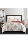 CHIC HOME BEDDING PEUGEOT SCROLL MEDALLION PATTERN PRINT QUEEN, QUILT SET, CORAL/GOLD/WHITE, 9-PIECE,304629837048