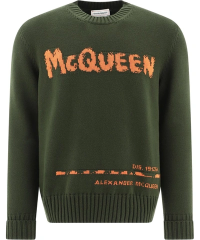 Alexander Mcqueen Graffiti 嵌花针织毛衣 In Khaki