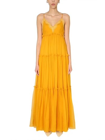 Alberta Ferretti Lace-trim Silk Maxi Dress In Yellow
