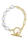 ADORNIA 14K YELLOW GOLD PLATED CHAIN TOGGLE 10MM PEARL BRACELET,731199498643