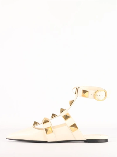Valentino Roman Stud Backless Leather Flats In Neutrals