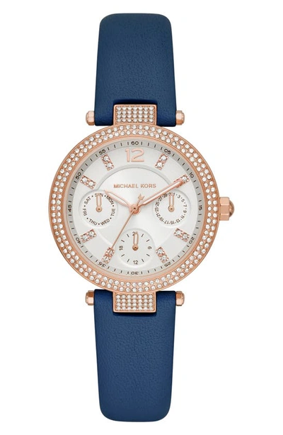 Michael Kors Parker Multifunction Navy Leather Watch