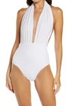 Norma Kamali Slinky Marissa Ruched Halterneck Swimsuit In White