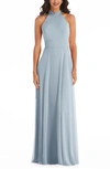 After Six Backless Halter Evening Gown In Mist