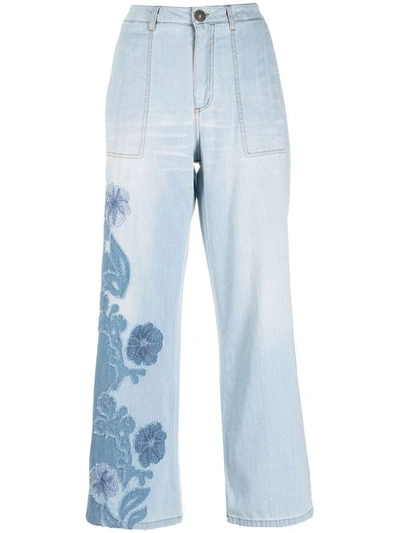 Ermanno Scervino Light Blue Floral Pattern Wide-leg Jeans In Light Wash