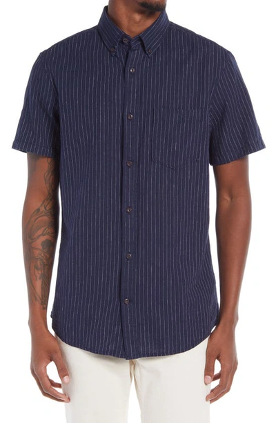 Treasure & Bond Linen Blend Short Sleeve Button-down Shirt In Navy White Pinstripes