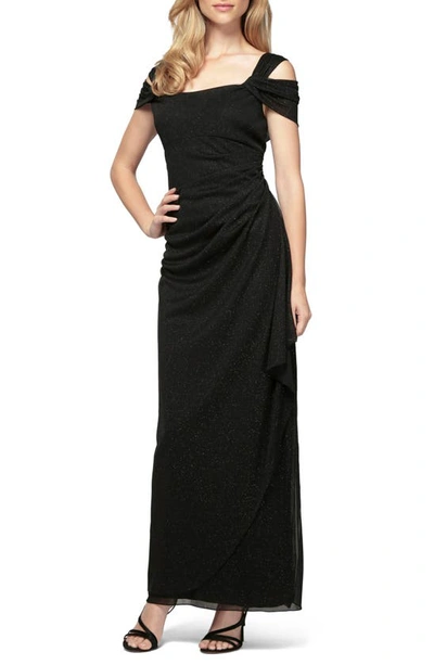 Alex Evenings Cold-shoulder Draped Metallic Gown Regular & Petite Sizes In Navy Blue