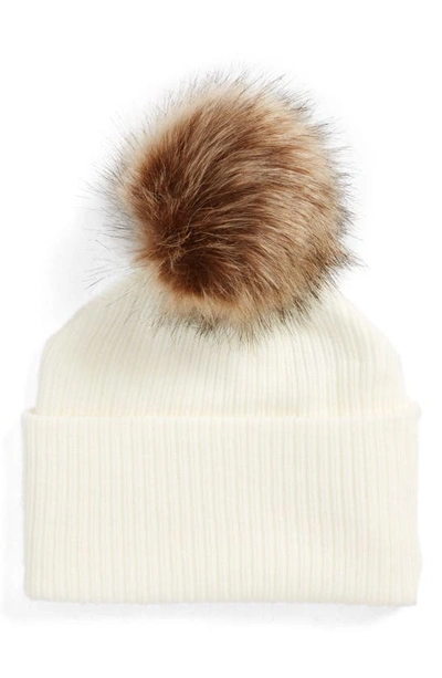 Sole Society Faux Fur Pompom Beanie In Ivory