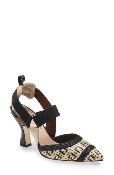 Fendi Colibri Grosgrain And Woven Raffia Slingback Pumps In Beige,black