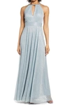 Eliza J Embellished Shimmer Halter A-line Gown In Sky