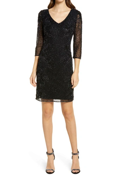 Pisarro Nights Beaded V-neck Cocktail Dress In Black