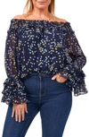 Cece Print Off The Shoulder Chiffon Blouse In Navy
