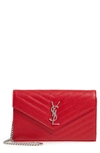 Saint Laurent Monogramme Quilted Leather Wallet On A Chain In Bright Red