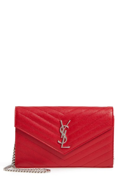 Saint Laurent Monogramme Quilted Leather Wallet On A Chain In Bright Red