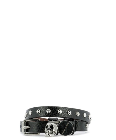 Alexander Mcqueen Leather Wrap Bracelet In Black