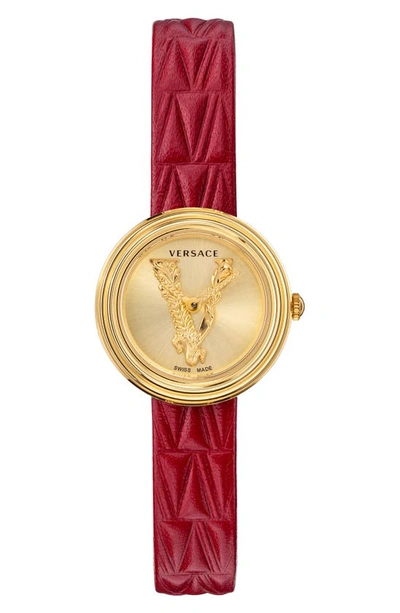 Versace Virtus Mini Leather Strap Watch, 28mm In Gold