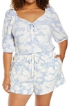 Open Edit Tie Front Puff Sleeve Blouse In Blue Fusion Marble