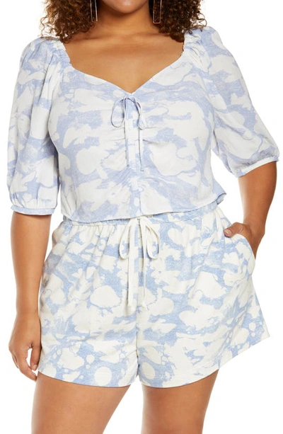 Open Edit Tie Front Puff Sleeve Blouse In Blue Fusion Marble