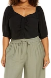Open Edit Tie Front Puff Sleeve Blouse In Black