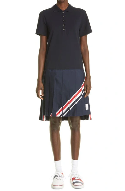 Thom Browne Navy Diagonal Stripe Pleated Polo Dress In 415 Navy