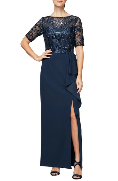 Alex Evenings Embellished Lace Column Gown In Navy