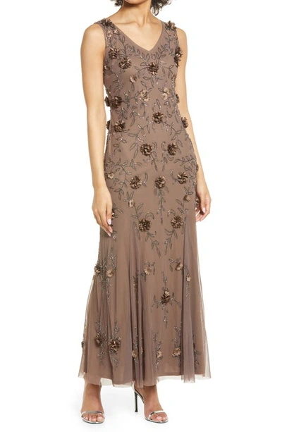 Pisarro Nights Beaded Floral Applique Sleeveless Gown In Mocha