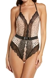 Black Bow Henny Satin & Lace Thong Bodysuit In Organic Animal