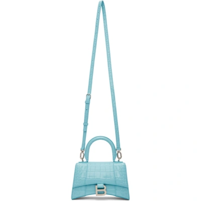 Balenciaga Xs Hourglass Croc Embossed Leather Bag In Azure/silver