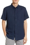 Nordstrom Solid Linen Short Sleeve Button-down Shirt In Navy Blazer