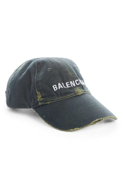 Balenciaga Distressed Logo-embroidered Denim Baseball Cap In Dark Green/ White