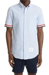 Thom Browne Straight Fit Short Sleeve Button-down Seersucker Shirt In Blue