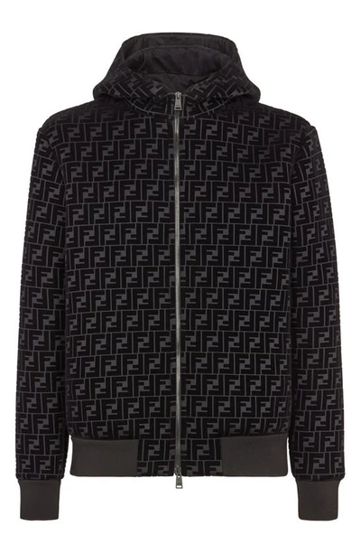Fendi Velvet Ff Zipped Hooded Jacket In Black